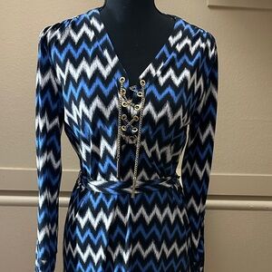 Michael Kors Blue and White Chevron Long Sleeve Dress